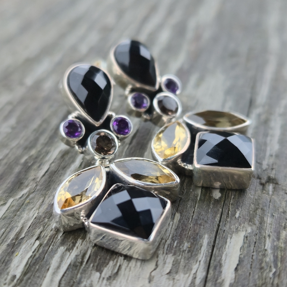 Nicky Butler 925 Sterling Silver Designer Onyx Citrine Amethyst Quartz Earrings - Picture 13 of 13